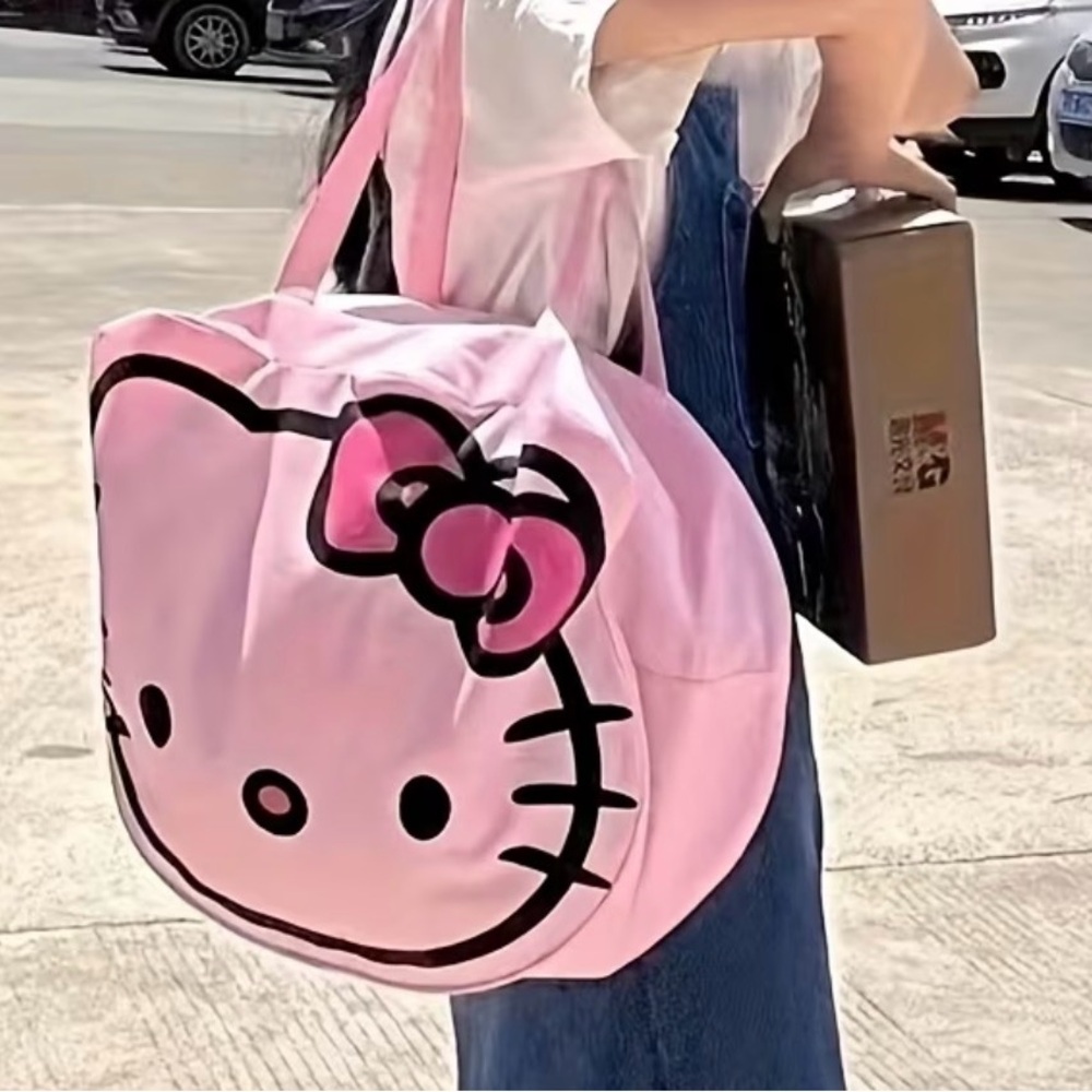 Pink and Black Cartoon Kitty Pink Tote Bag - New